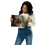 Thumbnail: a woman with long dark hair holding a large portrait of a cat, realistic, detailed, intricate, high quality, lifelike, 8k resolution