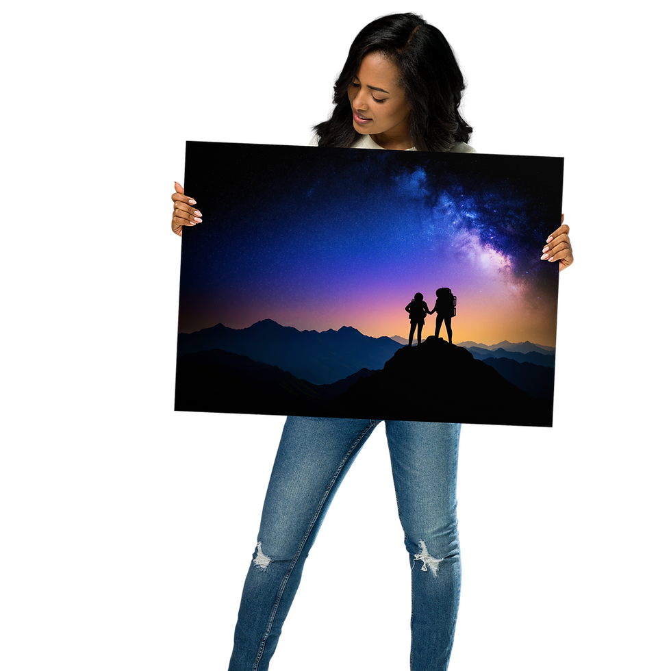 Thumbnail: Woman holding a framed Desolate Meditation – Solitary Space Scene AI Art Poster by DesignByGade