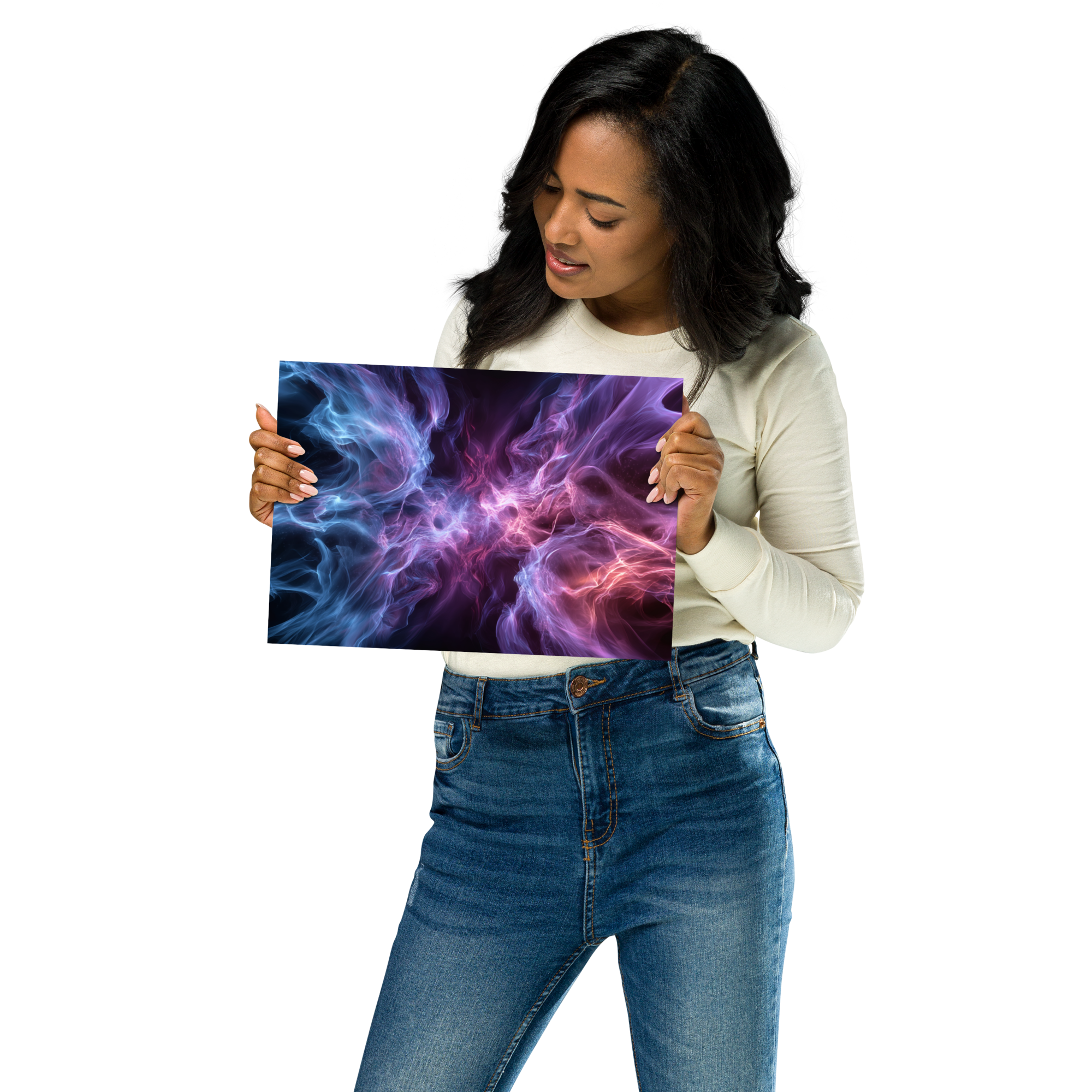 Woman holding Innovation Symphony AI Art Poster by DesignByGade