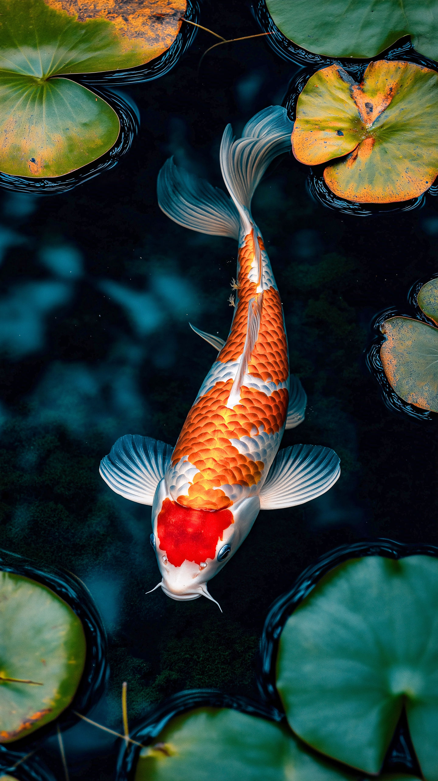 Orange and white koi fish swimming in a dark pond with green lily pads. AI-generated art showcasing serene aquatic beauty.