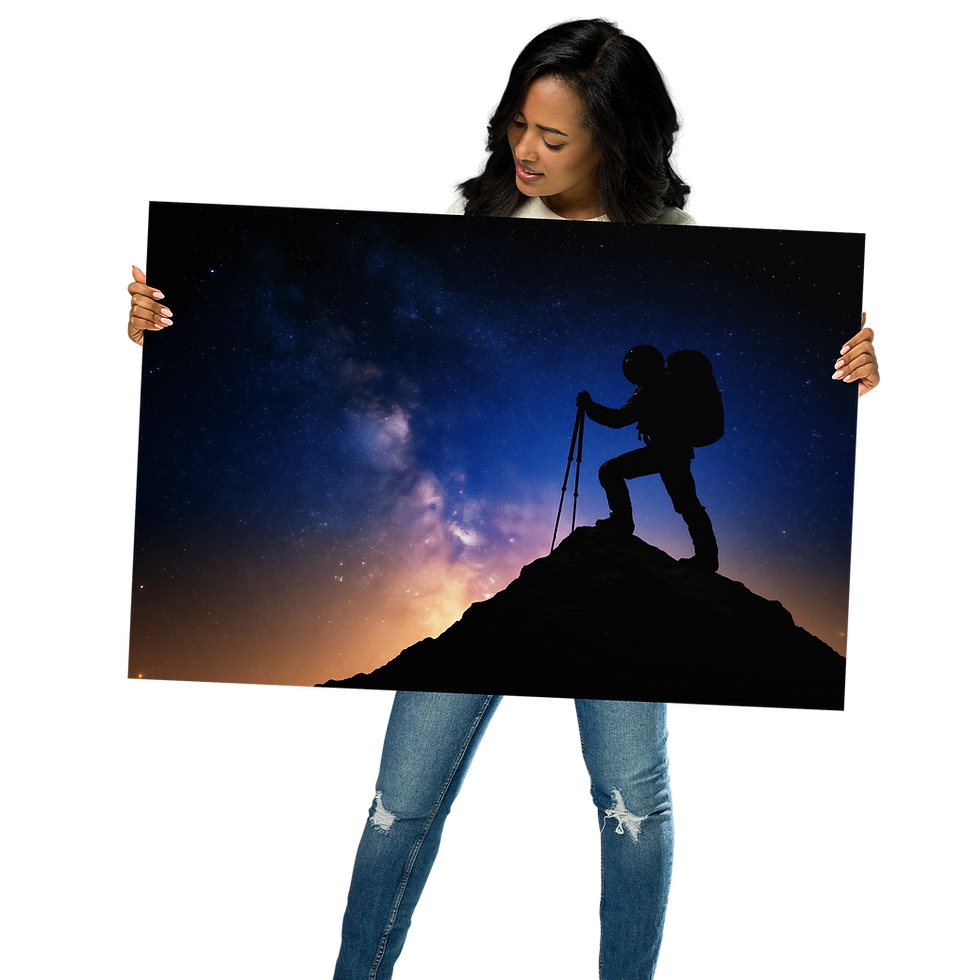 Thumbnail: Woman holding a Framed Desolate Meditation – Solitary Space Scene AI Art Poster by DesignByGade