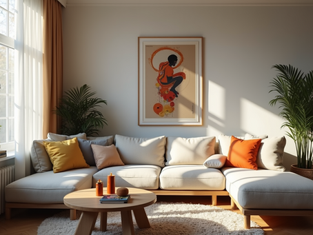 Stylish living room showcasing vibrant AI-generated art posters.
