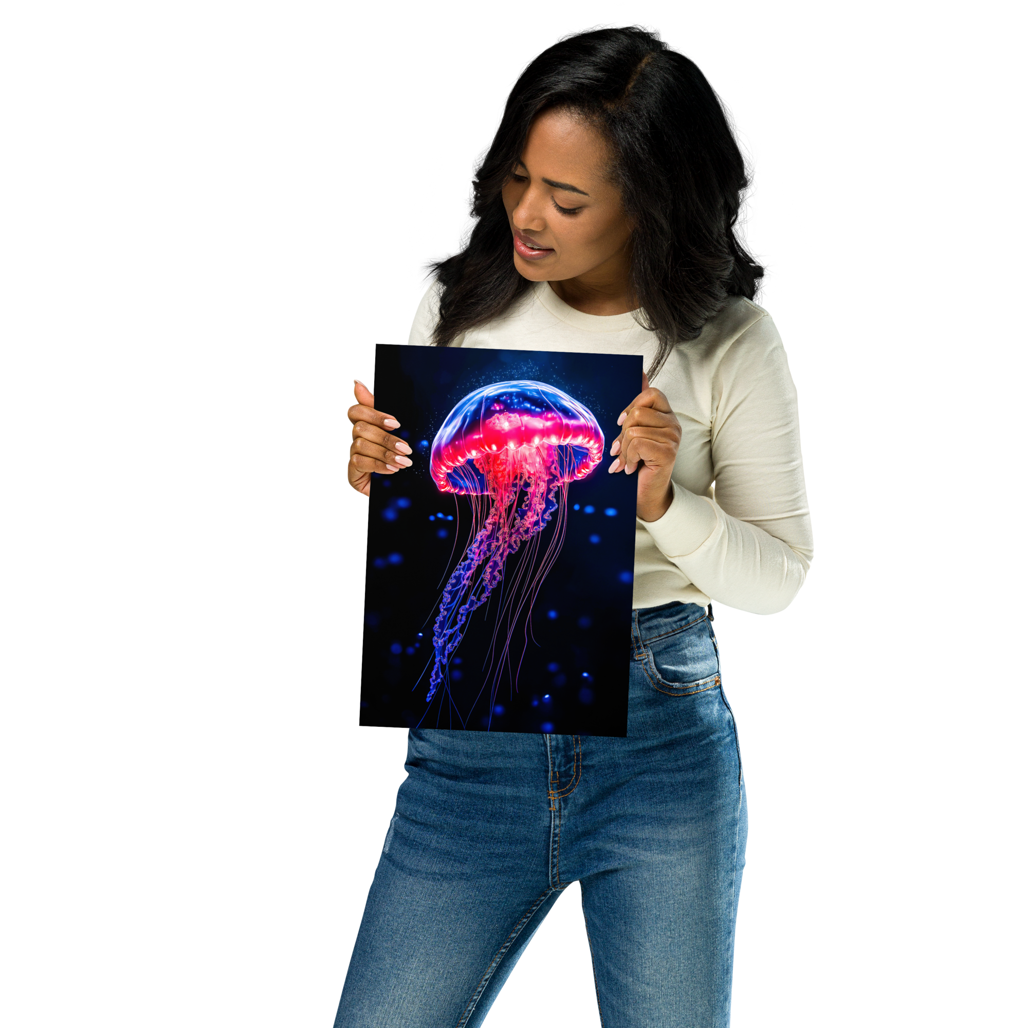 Woman holding a jellyfish art print by DesignByGade.