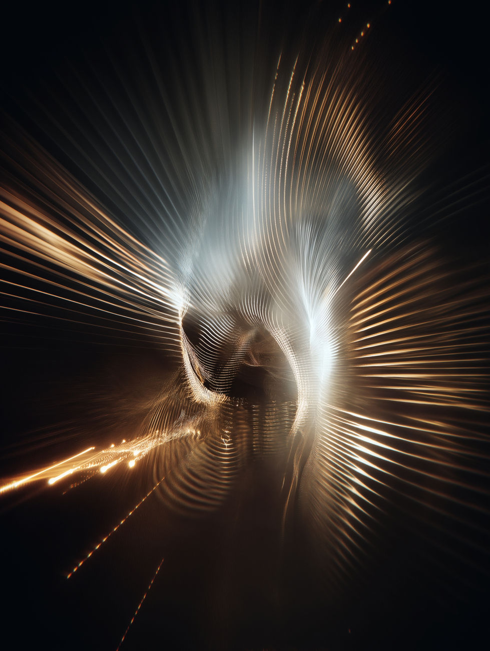 Radiating abstract light streaks emerging from a dark background.