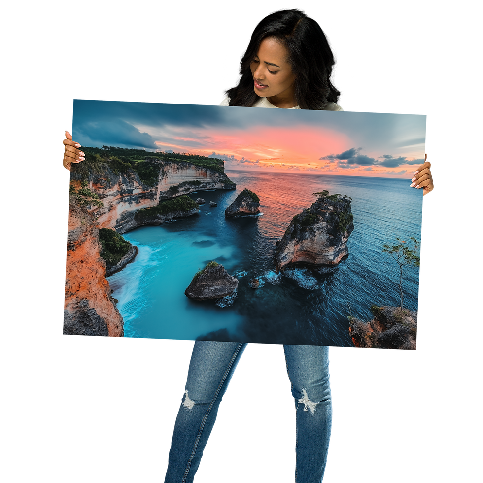 Thumbnail: Woman holding a framed coastal sunset print, DesignByGade