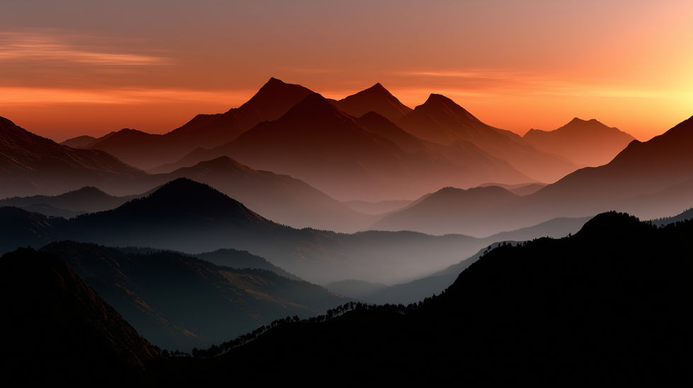 AI-generated image: Layers of mountains fading into the horizon under a warm, colorful sky.