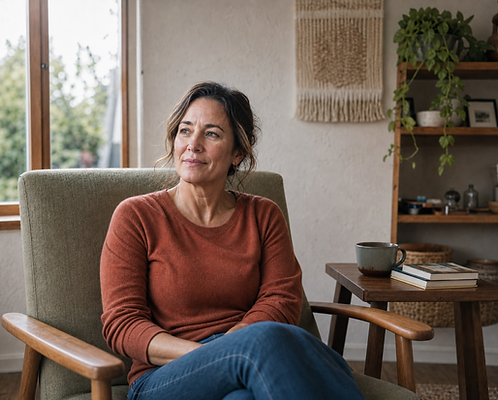 middle aged woman sitting armchair looking away window light home
