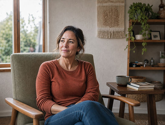 middle aged woman sitting armchair looking away window light home