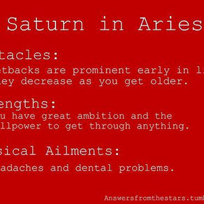 Red graphic titled 'Saturn in Aries' detailing key traits: obstacles include early-life setbacks; strengths include ambition and strong willpower; physical ailments listed are headaches and dental problems. Source: answersfromthestars.tumblr.com.