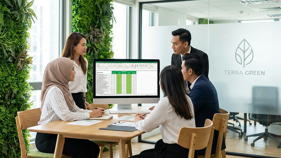 Corporate sustainability team discussing ESG data and budget planning in a green office environment with Terra Green branding.