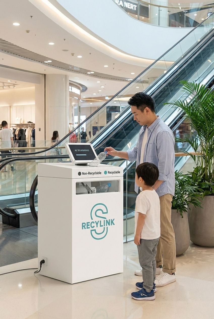 A father and child using the RecyLink S Smart Recycling Bin in a shopping mall, showing family-friendly engagement with AI-powered recycling.