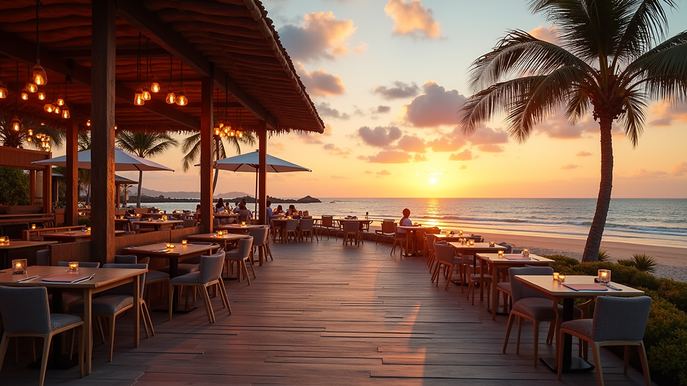 Wide angle view of a beachfront restaurant with sunset and sea view