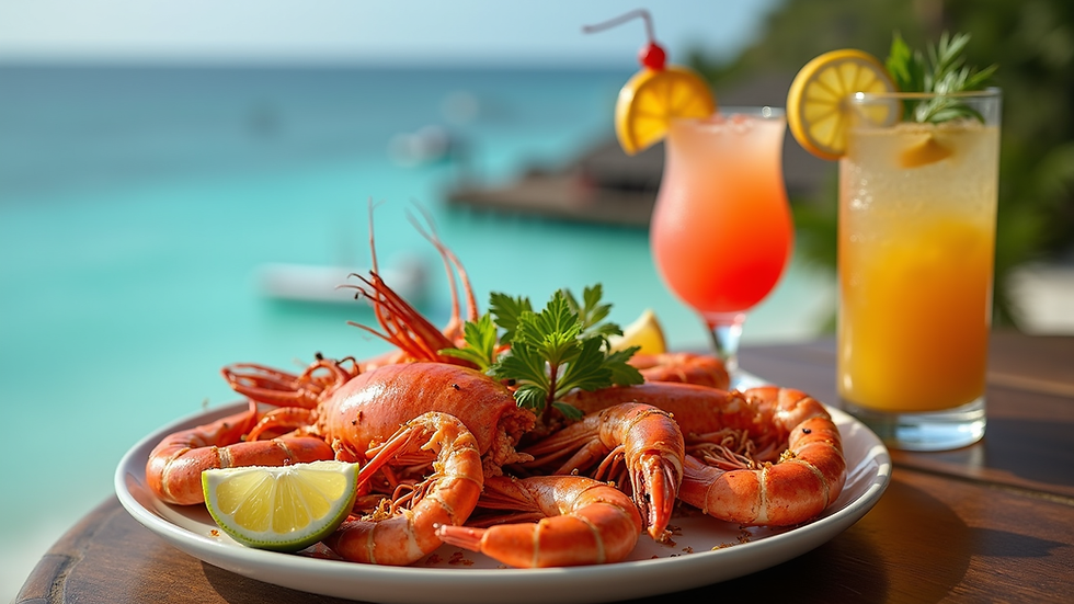 High angle view of a seafood platter and tropical cocktails on a wooden table at Katara Beach Club