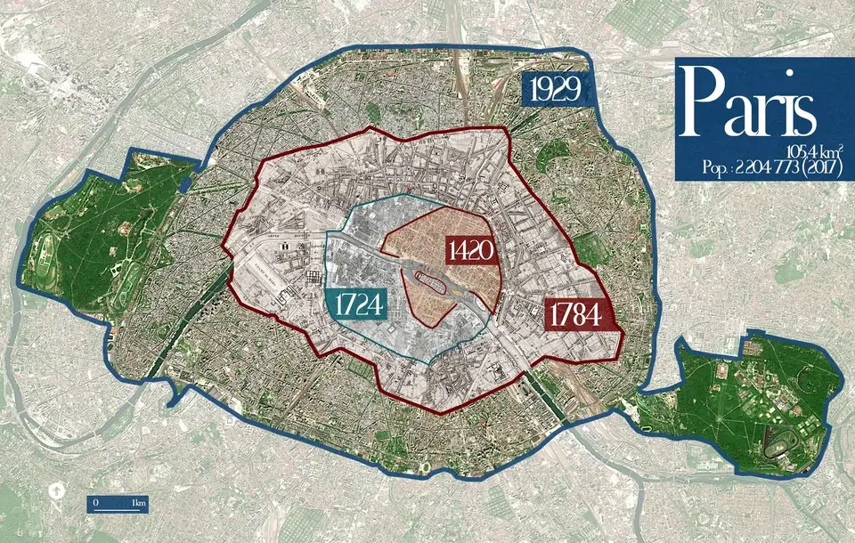 Map showing the centre-out growth of Paris from the 15th to the 20th centuries