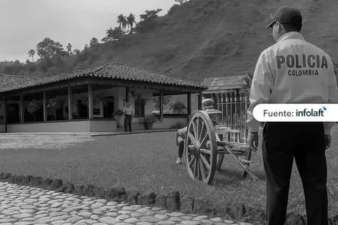 Policía de Colombia frente a finca rural con carretón de madera, simbolizando embargo o extinción de dominio.