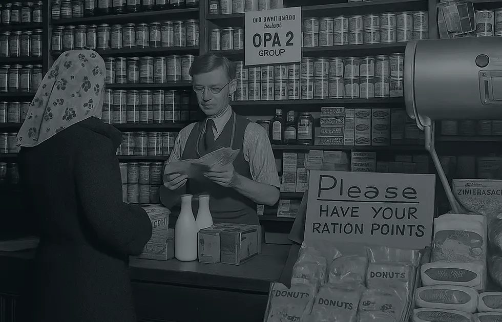 Empleado de tienda atiende a una mujer durante el racionamiento, rodeado de productos y carteles de puntos de ración.