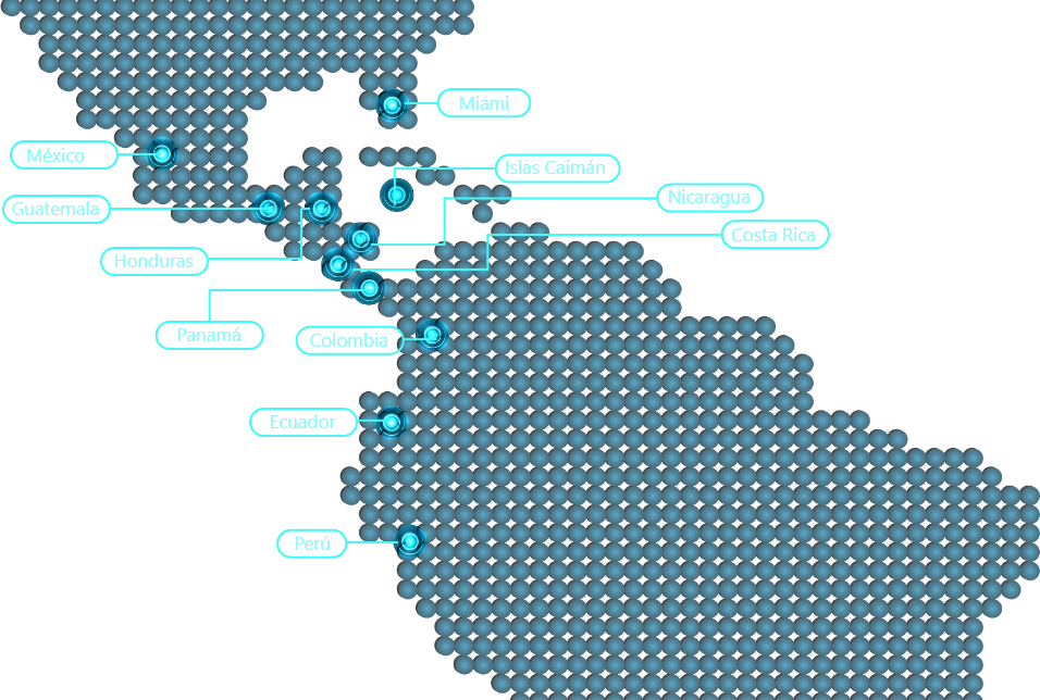 Mapa digital con puntos interconectados que destacan países de América Latina y el Caribe.