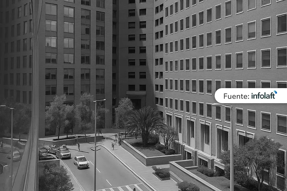 Complejo de oficinas modernas con avenida y palmeras, asociado a entornos corporativos o financieros.