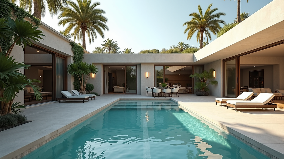 Wide angle view of luxury backyard with pool and lounge area