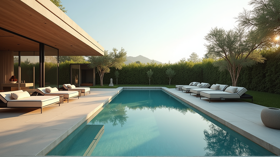 Wide angle view of a luxury backyard with Lautner Edge pool and modern patio furniture