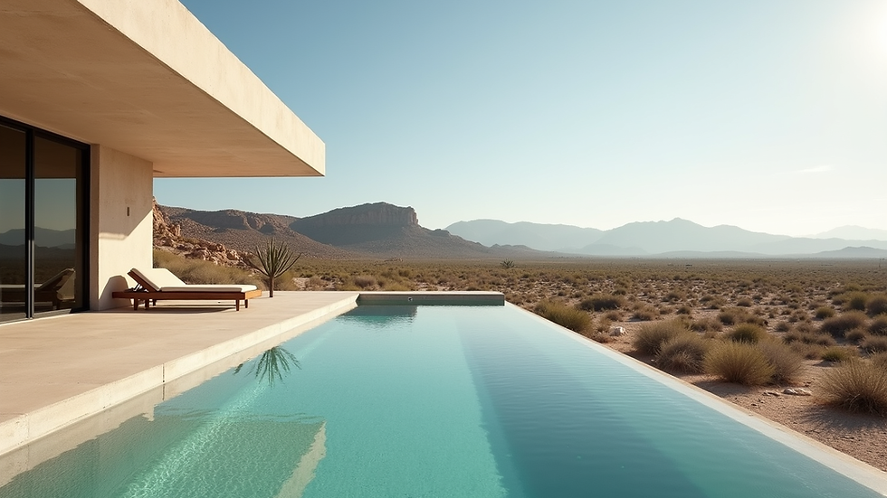 Eye-level view of a Lautner Edge pool with infinity edge overlooking a desert landscape