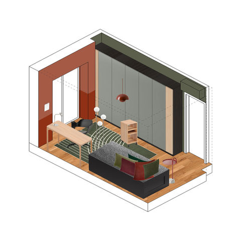 Progetto di restyling di appartamento a Milano con utilizzo di vivaci colori e arredo Ikea a cura di Federica Franchini Architetto. Assonometria di progetto, lato armadio, colorata, realizzata dall'Architetto Federica Franchini, per il progetto d'Interior Design per un appartamento alla periferia di Milano. Il progetto d'arredo della camera per ospiti/studio prevede l'armadio verde salvia, in coordinato con il tappeto, un divano letto con molti cuscini colorati nelle sfumature del verde e della terracotta, e una scrivania con sedia in legno naturale. Le pareti sono bi-colore terracotta e mattone, a contrasto con l'armadio verde salvia. Il progetto è colorato e divertente, contemporaneo e nuvo