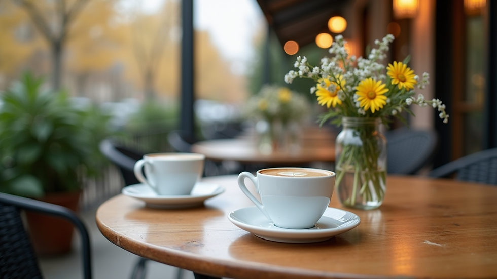 Eye-level view of a cozy outdoor cafe table with two cups of coffee and a small vase of flowers