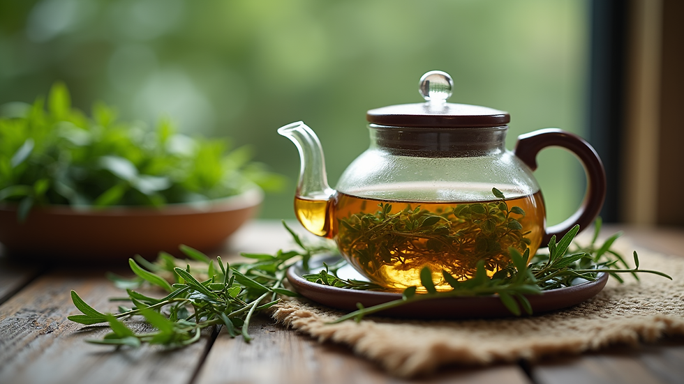 Close-up view of a herbal tea setup with fresh herbs and a teapot