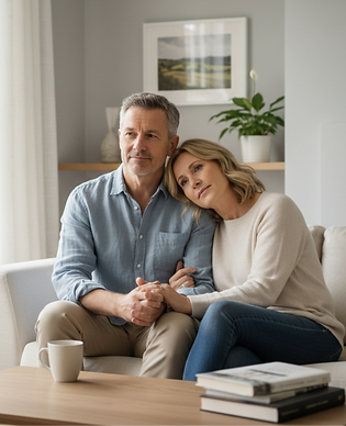 couple in their 40s, looking mildly stre