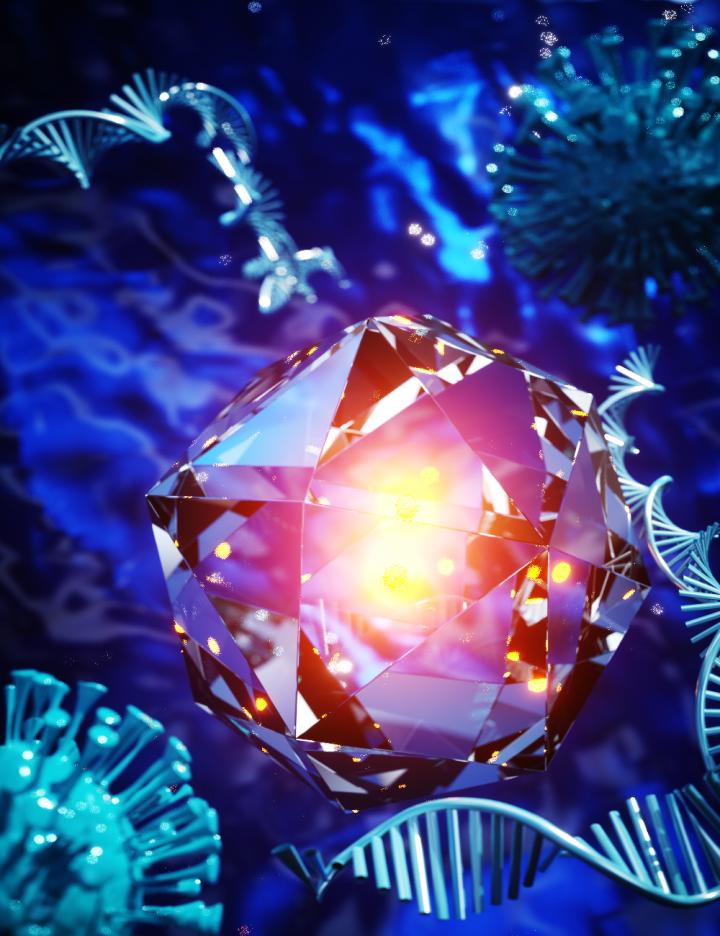 An artist's conception of nanodiamonds used for in vitro diagnostics.