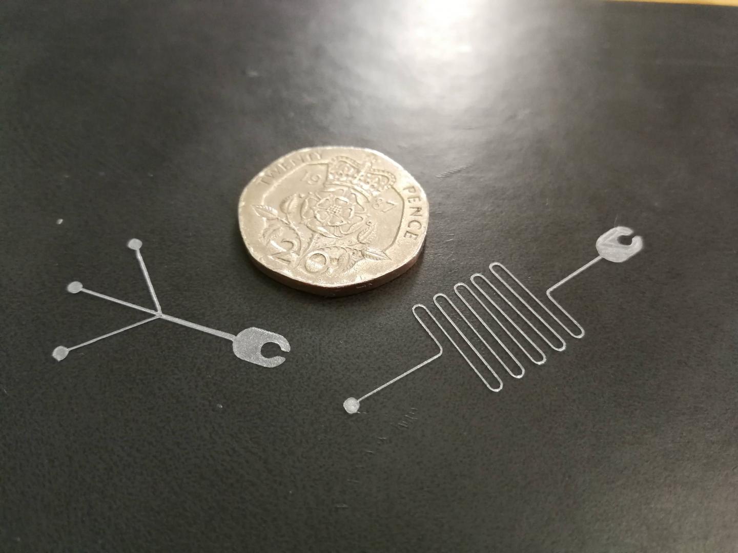 Example 100-micron wide 3D-printed microchannel scaffolds, shown next to a 20p coin - the cost to print 1000 of these channels