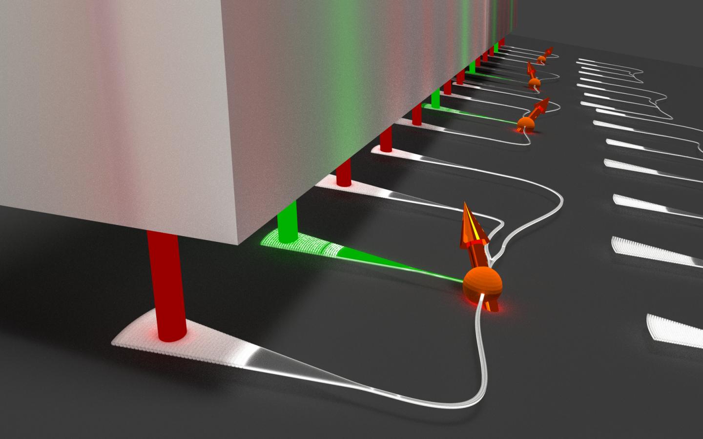 Nanophotonic integration for simultaneously controlling a large number of quantum mechanical spins in nanodiamonds.