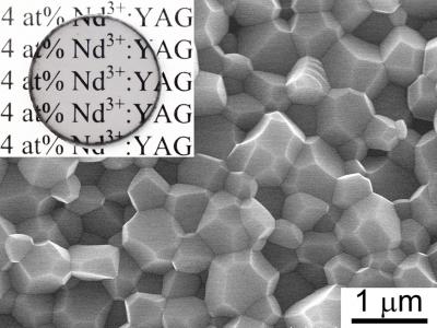 experimental high-doped 4 at% Nd3+:YAG with residual porosity is less than 0.02 vol%, in-line optical transmittance is about 87% of the theoretical value, the microhardness of 13.2 GPa, and average grain size is near 740 nm