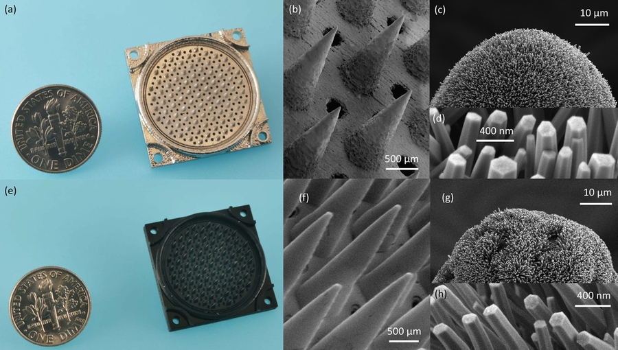 Nanosatellite thrusters that emit a stream of pure ions are the first of their kind to be entirely additively manufactured, using a combination of 3D printing and hydrothermal growth of zinc oxide nanowires. A stainless steel version (top) works better overall but is much more expensive to produce. MIT researchers found that a polymer version (bottom) yields comparable performance at a lower cost.