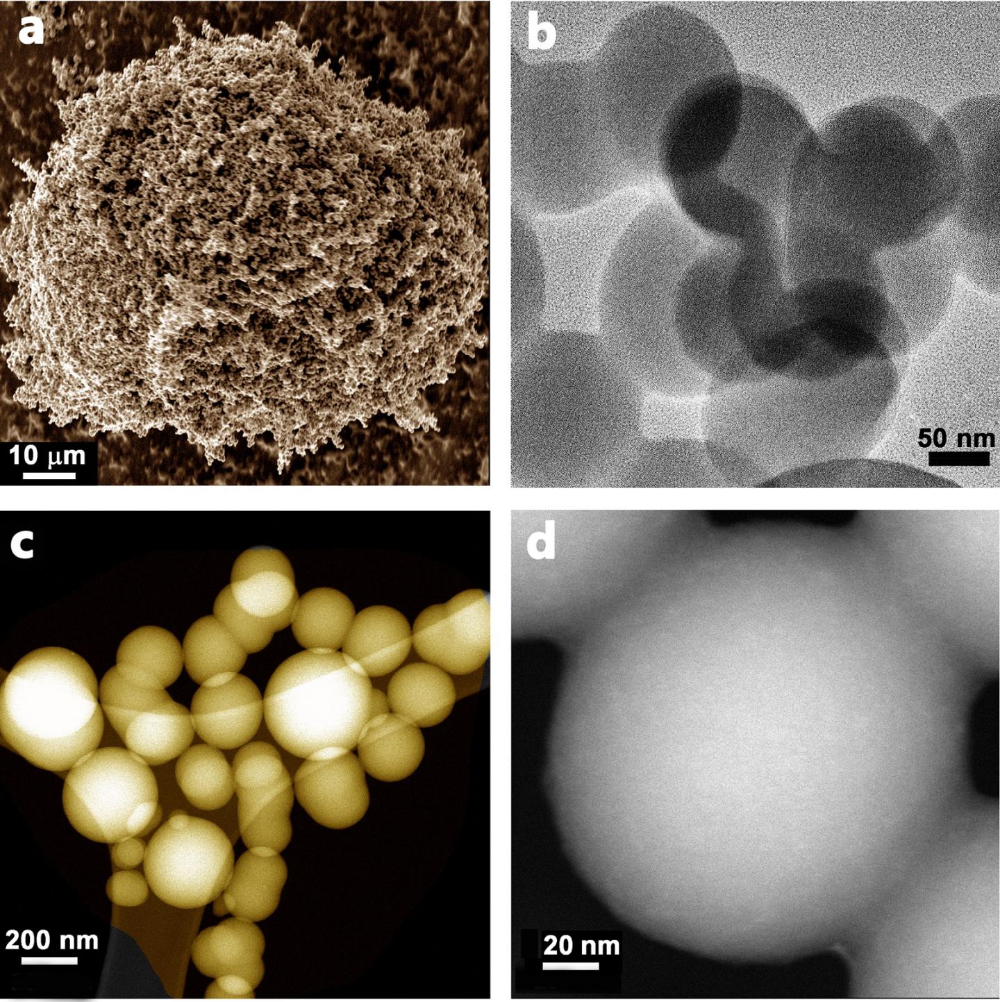 Carbon spheres range in size from nanometers to micrometers.