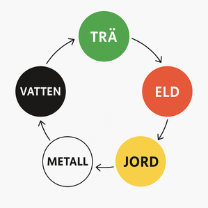 De Fem Elementen, trä, eld, jord, metall, vatten