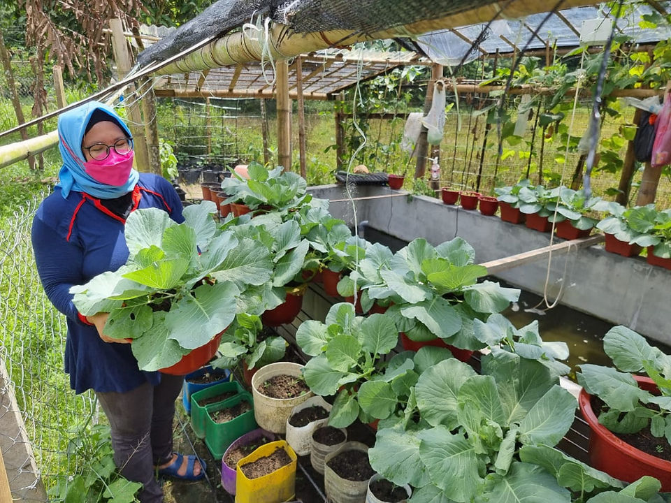 farmer with her farm filled with blooming vegetables