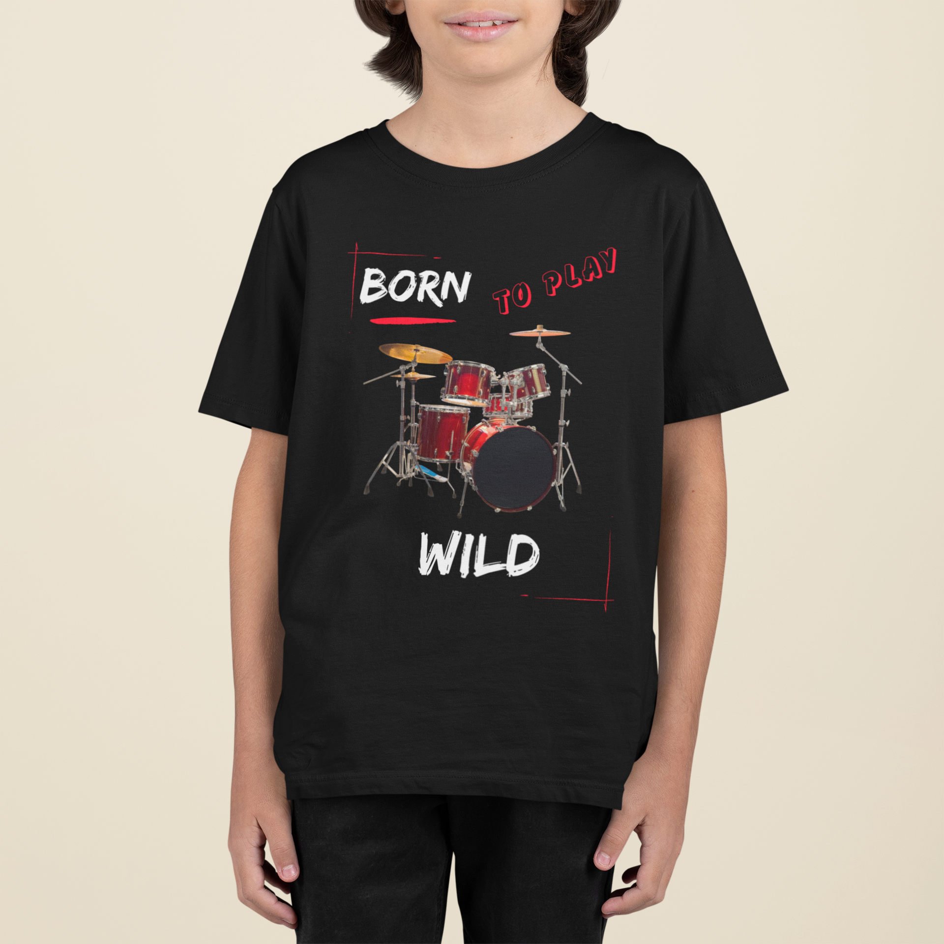 Born to play wild youth black tshirt male model