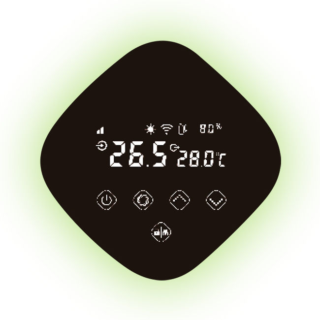 A digital thermostat display showing a temperature of 26.5°C, with several icons for Wi-Fi, power, settings, and other functions, on a black, rounded square background with a green glow.