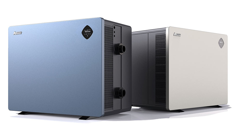 Two modern, Aquamark, Air Source Heat Pumps, one blue and one white, stand side by side on a white background. Each has a vented side panel and digital display on the front.