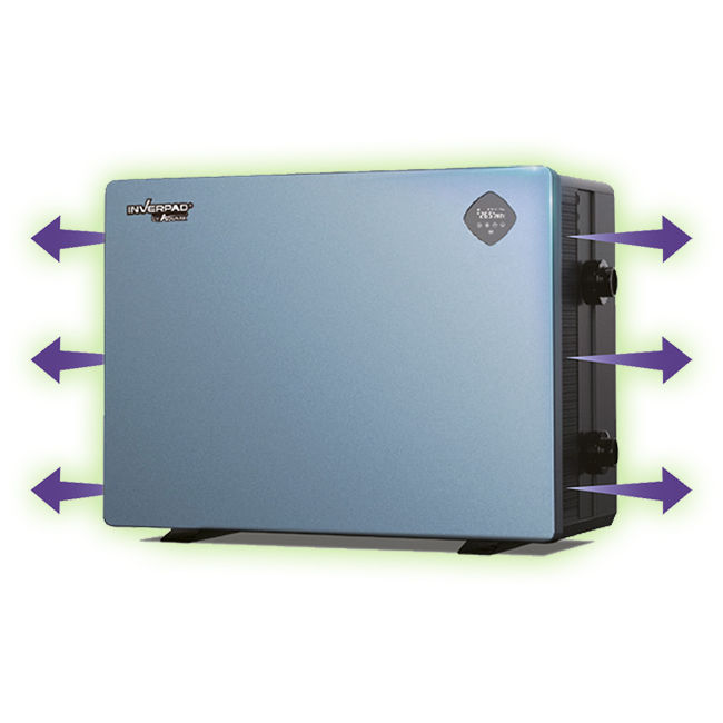 A blue rectangular Aquqmark air source heat pump with black knobs on the side and purple arrows pointing outward from all sides, indicating airflow or distribution.