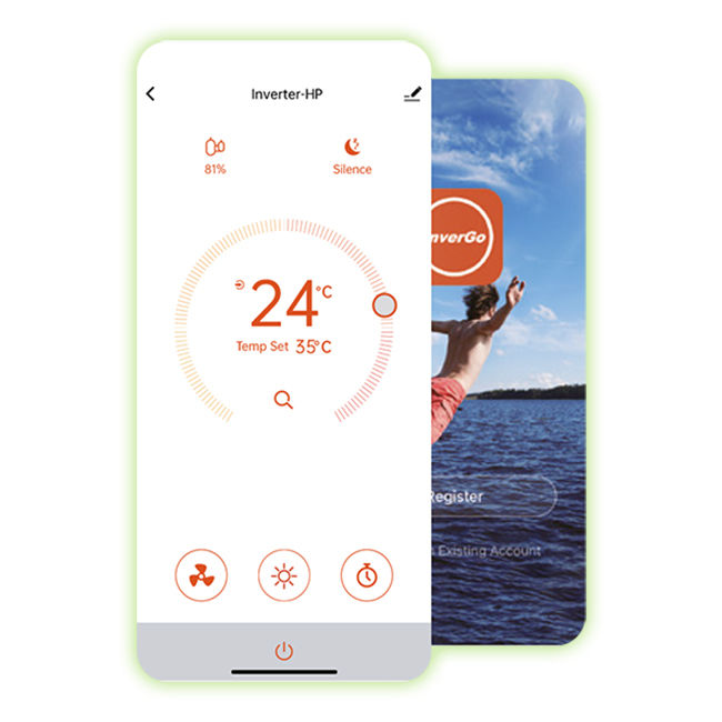 Smartphone screen displaying an air conditioner control app, showing temperature set to 24°C out of a possible 35°C, with fan, light, and power icons below, and 81% humidity indicated at the top left.
