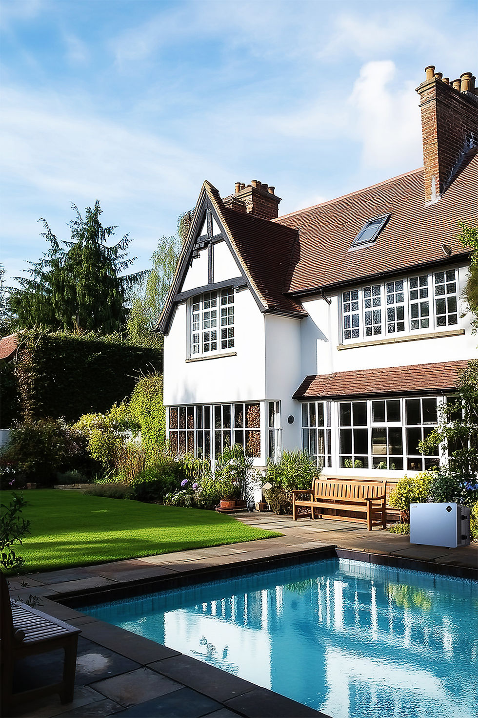 A large white house with a red roof sits beside a well-kept garden and a rectangular swimming pool, surrounded by green grass, trees, and wooden benches on a sunny day. Swimming pool has air source heat pump