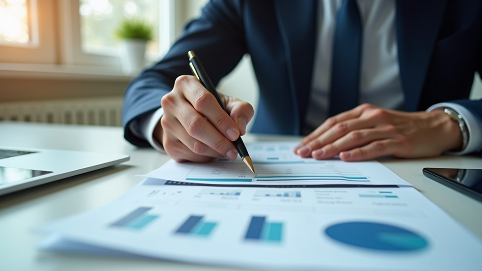Eye-level view of a professional accountant reviewing financial documents