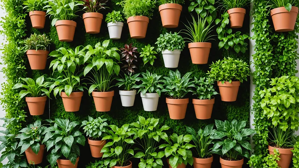 Eye-level view of a vertical garden with assorted potted plants arranged in tiers