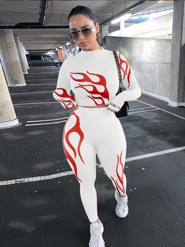 Thumbnail: Long Sleeve Flame Printed Workout Crop Top Set