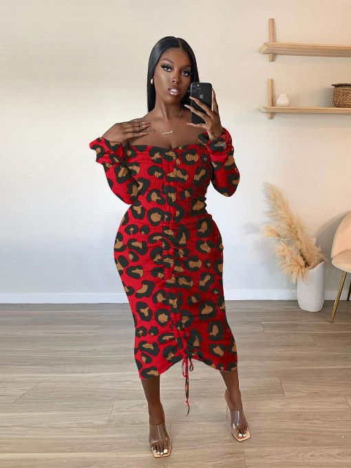 Thumbnail: Off Shoulder Animal Print Dress
