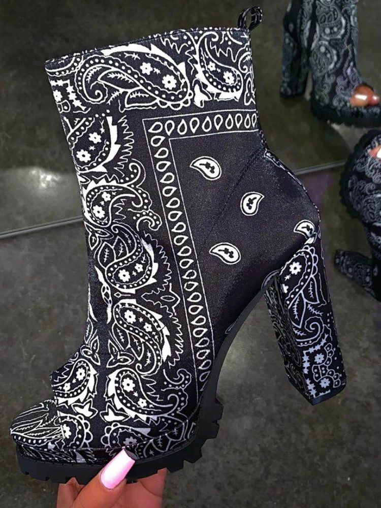 Thumbnail: Bandanna Printed Chunky Heel Suede Boots