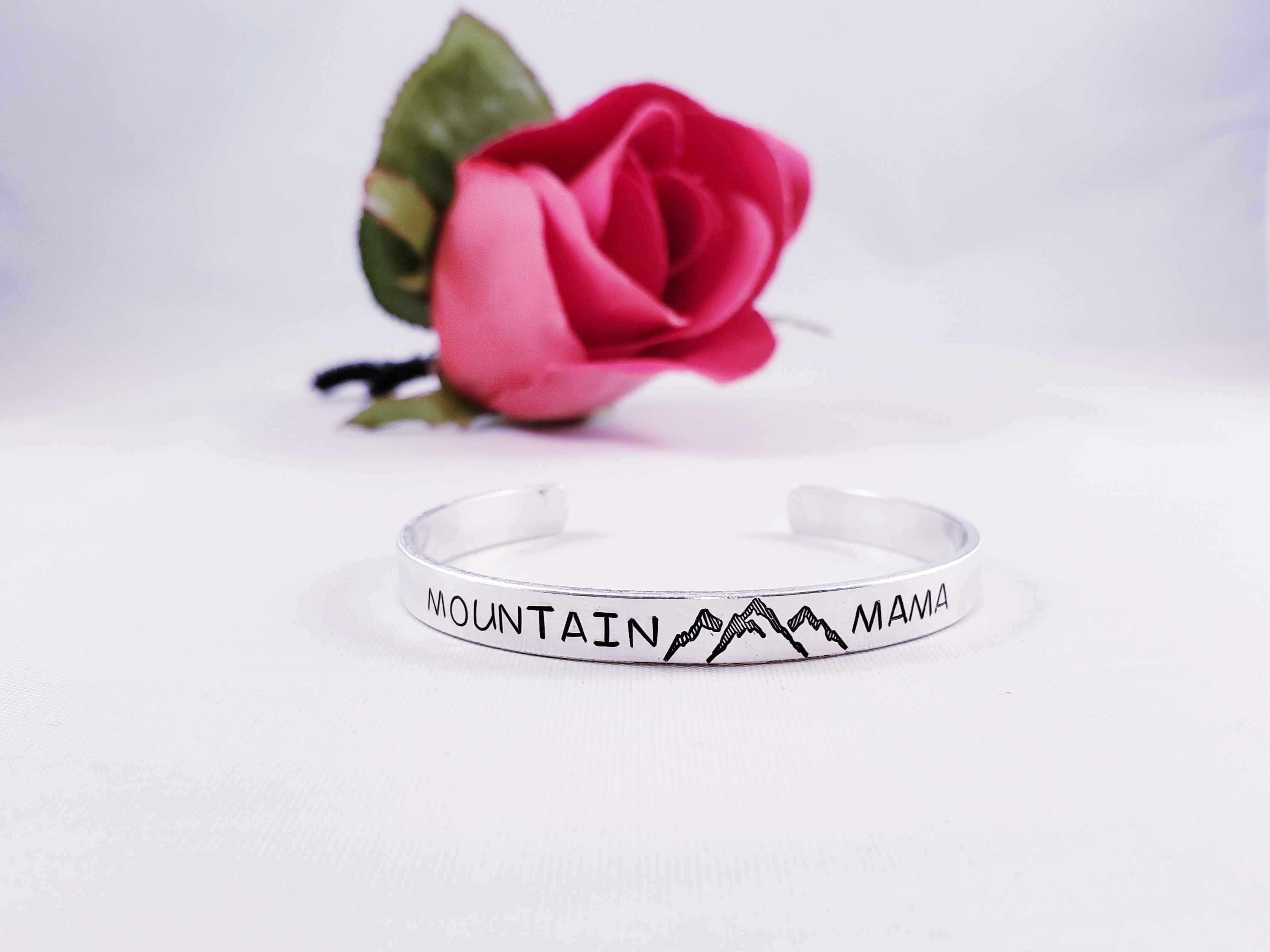 Mountain Mama Stamped Aluminum Cuff Bracelet, Nature Lover