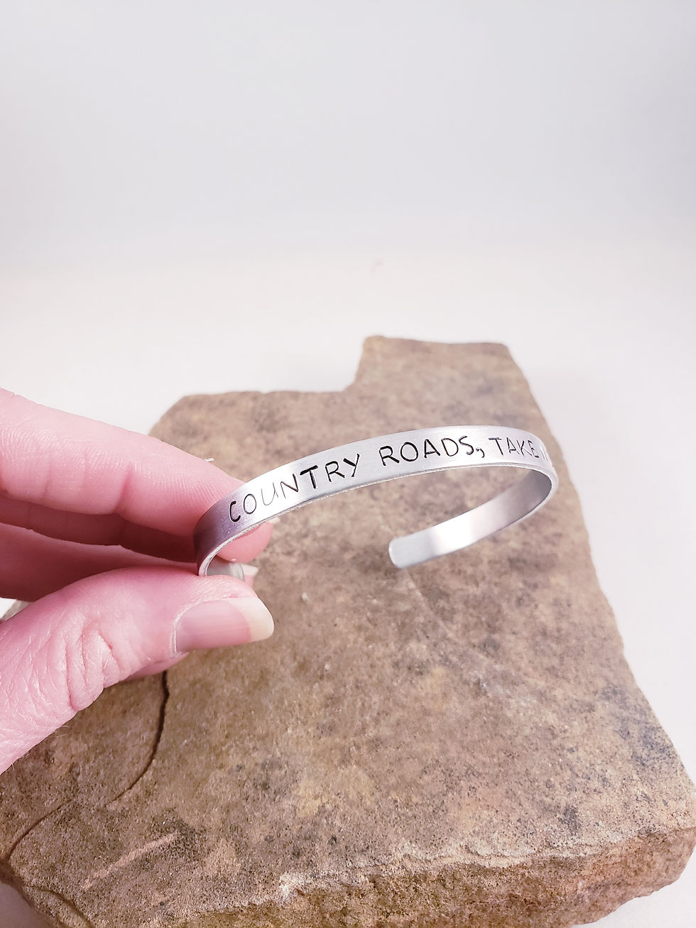 Thumbnail: Country Roads, Take Me Home Stamped Aluminum Cuff Bracelet